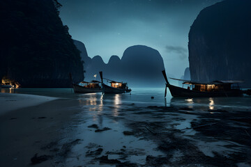 fishing ships at sunset in thailand