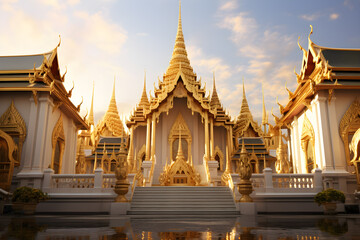 Thai-style temples adorned with ornate patterns and gleaming golden hues