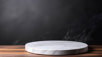 Empty table white marble countertop on wooden with a black wall background.
