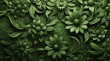 Green background with leafy flower ornaments  - obrazy, fototapety, plakaty