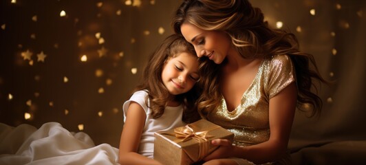 mother daughter bonding present gift gold theme xmas, ai - obrazy, fototapety, plakaty