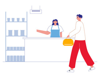 Men buy something at the market. Market vector illustration. Flea market vector flat illustration