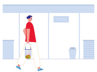 Man shopping buying fruit at the market. Market vector illustration. Flea market vector flat illustration