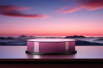 Fototapete Hell-pink pink product display presentation or showcase pedestal led light. with a sunset landscape on the background