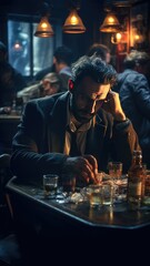 Fototapeta premium Dark dramatic image of man drinking alone in a bar reflecting on life. generative AI