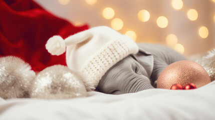 Cute elephant in santa hat sleeping on white sheet, Christmas blurred background - obrazy, fototapety, plakaty
