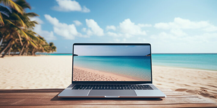 Laptop in the background of the beach © tashechka