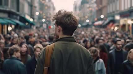 Fototapeta premium Back view of a young man standing in the middle of a crowded street