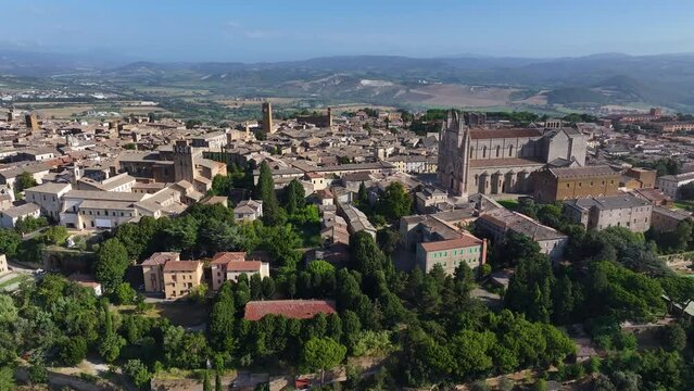 Orvieto historical hilltop Old town, aerial view of the medieval walls and towers of the city, Umbria, Italy