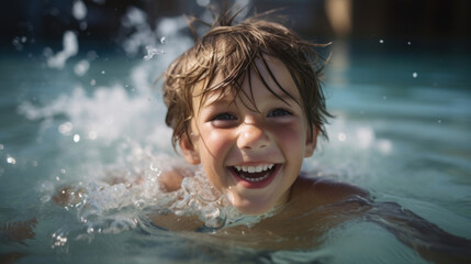 Fototapeta na wymiar Boy having fun swimming in a pool