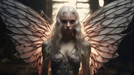 Beautiful young adult girl with wings, sexy angel costume for Halloween AI
