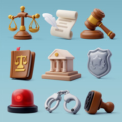 3d collection of Law and judgment icon, Lawyer, police and punishment of court concept.