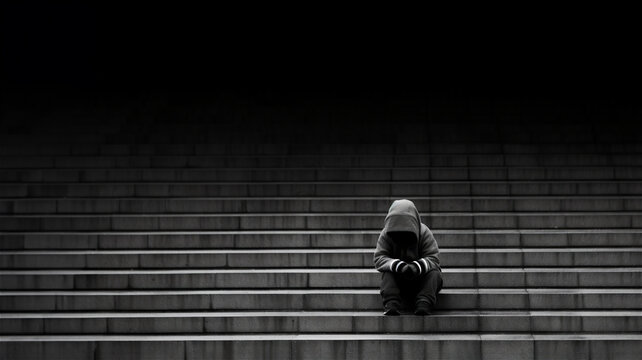 Young child wearing a hoodie and sitting forlorn on cement stairs. 