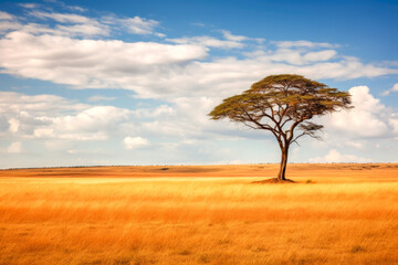 Lone tree on a grassy field with clouds in the horizon in Africa with dramatic clouds and sky
