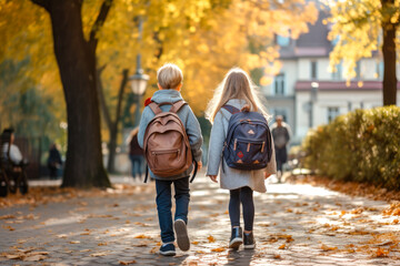 Boy and girl on the street going to school with a backpack on their backs, view from the rear - obrazy, fototapety, plakaty