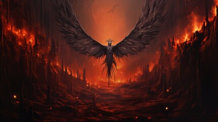 Demon with wings against the background of hell. Christian apocalypse AI - obrazy, fototapety, plakaty
