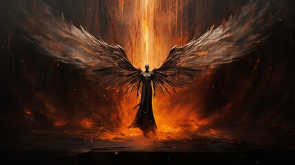Demon with wings against the background of hell. Christian apocalypse AI