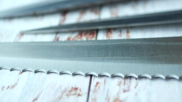 sharp Set of kitchen knives on table 