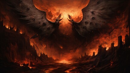 Demon with wings against the background of hell. Christian apocalypse AI - obrazy, fototapety, plakaty