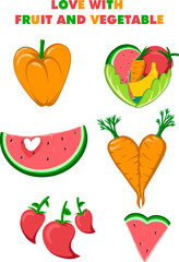 Fruit and vegetable love icons set. Vector illustration of love fruits and vegetables.