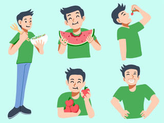 Man eating fruits and vegetables. Healthy lifestyle concept. eat fruit pose. Vector illustration.