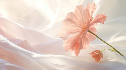 Obraz na płótnie Canvas A small light pink flower on a white silk scarf