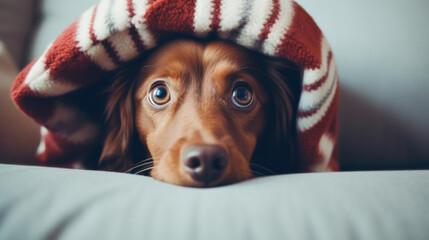 Cute dog basking under a warm blanket. - obrazy, fototapety, plakaty
