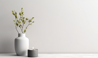 scented candle placed on a white table with vases