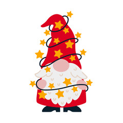Cute Christmas gnome vector illustration. A funny elf with a beard holds a garland with stars, holiday lights. Santa Claus helper in a stocking cap, red suit. Flat cartoon clipart isolated on white