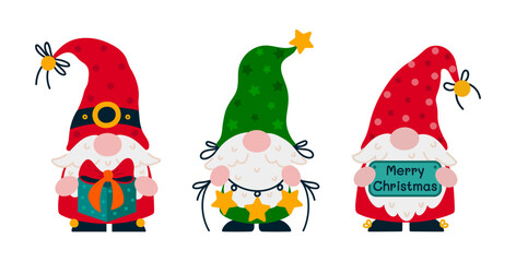 Cute gnomes vector set. Funny bearded elves are holding a gift box, a garland with stars and lights, a sign with the text Merry Christmas. Santa Claus helpers in a stocking caps. Flat cartoon clipart