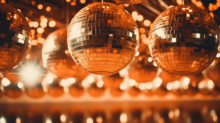 Many shiny disco balls indoors toned in orange