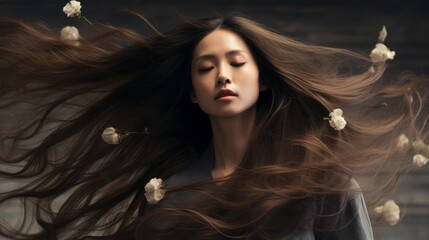 Asian model with windswept hair evokes nature's essence. Distinctive features, earthy tones, and a style inspired by minimalist designs. Perfect for fashion editorials, branding, and marketing.