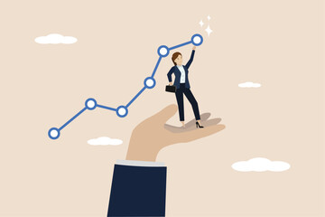 Hand support for business success, growth or target achievement, help or solution concept, hand helping businessman to achieve growth graph success. Illustration of a successful businessman.