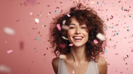 An effervescent young brunette woman radiates joy as she showers the air with confetti. Set against a pastel pink background, she embodies festive celebration, ideal for birthdays or Women's Day.