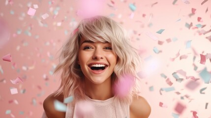 Obraz na płótnie Canvas A lively young blonde woman exudes happiness as she throws confetti into the air. Against a pastel pink backdrop, she becomes the essence of pure celebration, perfect for birthdays or Women's Day