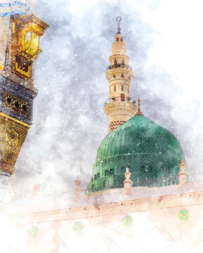 watercolor painting sketch of a green mosque with a green dome, prophet mosque in medina, saudi arabia