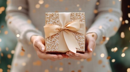 Elegant woman's hands gently cradle a gift box adorned with confetti, invoking sentiments of birthdays, weddings, or Mother's Day celebrations. A composition expressing love, care, and  joy of giving. - obrazy, fototapety, plakaty