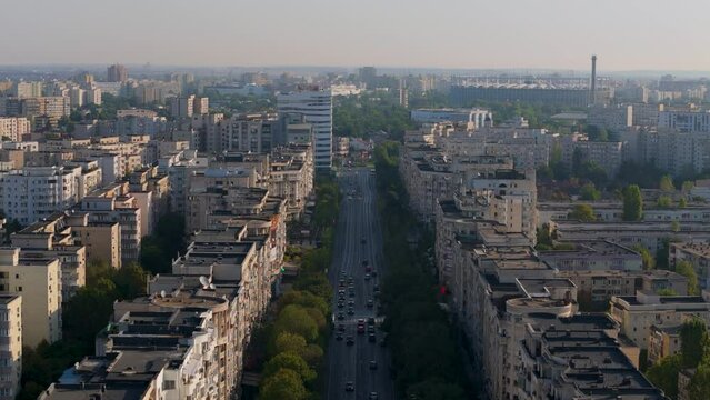 Aerial View Of Decebal Boulevard in Romania Surrounded By Bucharest's Cityscape
