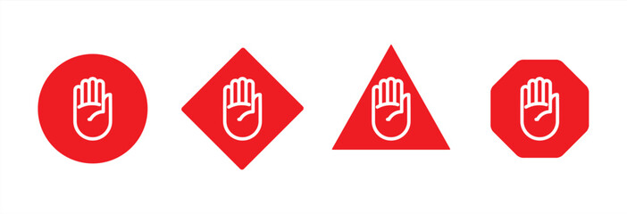 Red stop sign with big hand symbol icon line vector illustration, 