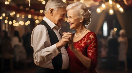 senior couple dancing in a party - obrazy, fototapety, plakaty