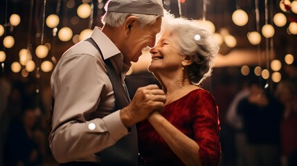 senior couple dancing in a party - obrazy, fototapety, plakaty
