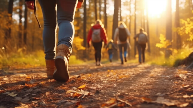 Group of tourists walks along the path of the autumn forest