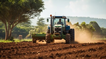 Fototapeta premium A Farming Industry: Close - up of farmer driving a tractor, happy farmer at work, plowing land for planting