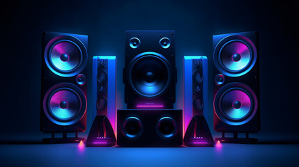 Two sound speakers and subwoofer on dark background - obrazy, fototapety, plakaty