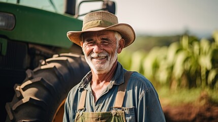 Obraz premium A Close - up view of corn farmer standing near tractor, happy farmer at work, preparing soil for planting, tractor in plantation industry, farming background