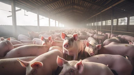Fotobehang Agricultural Crops: Pigs in pig farms still eat from troughs. Food in the barn, healthy pigs, pig farm © Phoophinyo