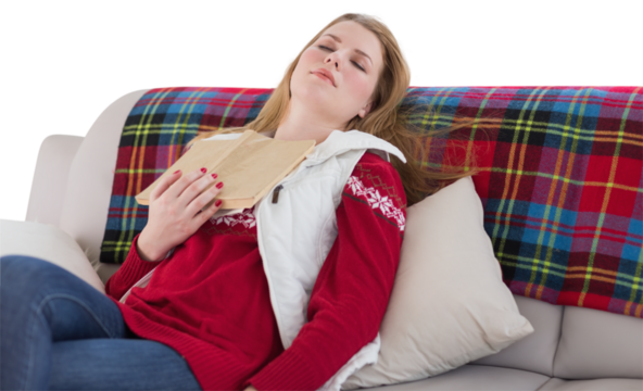 Digital png photo of tired caucasian woman sleeping on sofa with book on transparent background