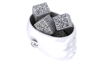 Digital png illustration of white head with labyrinth boxes on transparent background