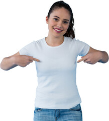 Digital png photo of happy caucasian girl showing white t-shirt on transparent background