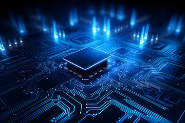 High tech technology background, chips and many electronic components toned blue, selective focus.